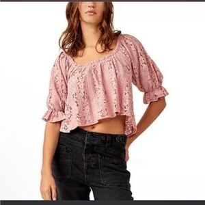 Free People Blush Pink Lace Puff Sleeve Crop Top nwot